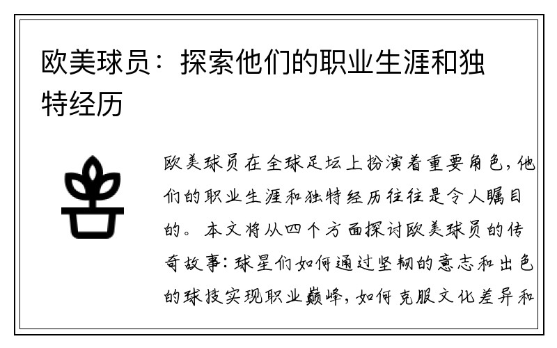 欧美球员：探索他们的职业生涯和独特经历